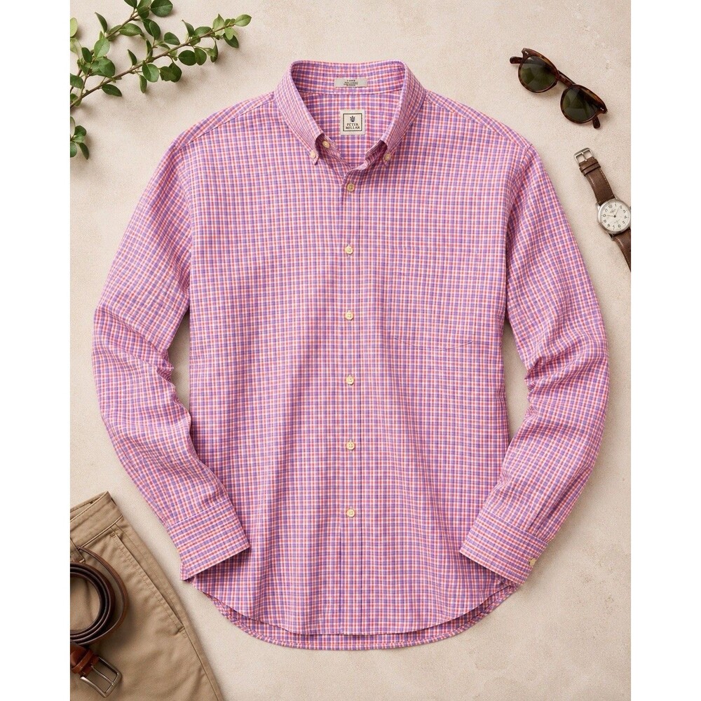 Peter Millar Mens Large Button Down Shirt Pink Purple Gingham Plaid Cotton